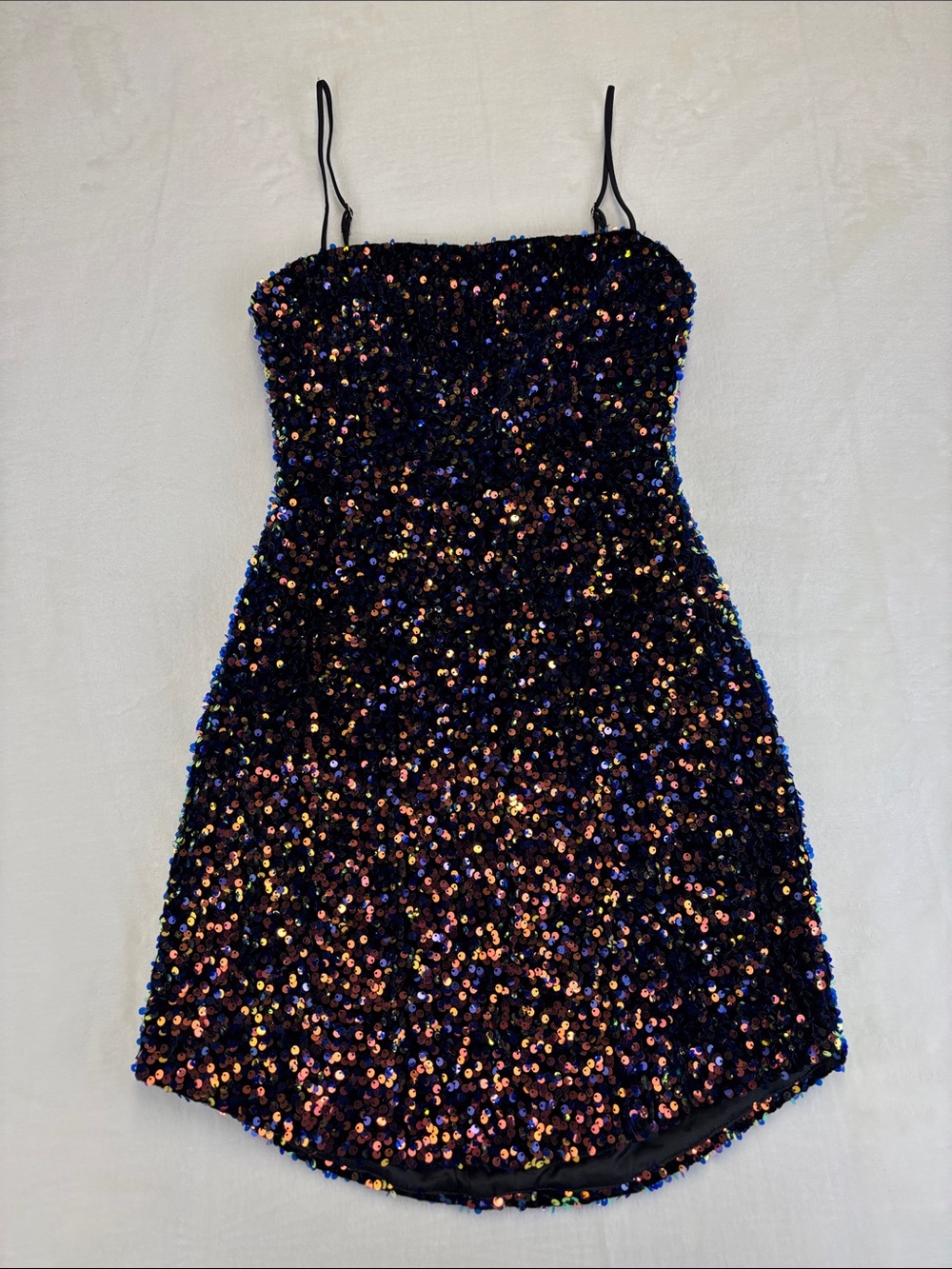 HELLO MOLLY Orange and Blue Sequins Black Lining Mini Dress Size Small
